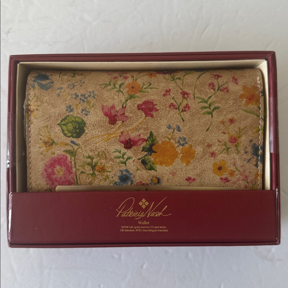 PATRICIA NASH Cametti floral leather RFID trifold wallet Prairie Rose Tan Red - Picture 4 of 14